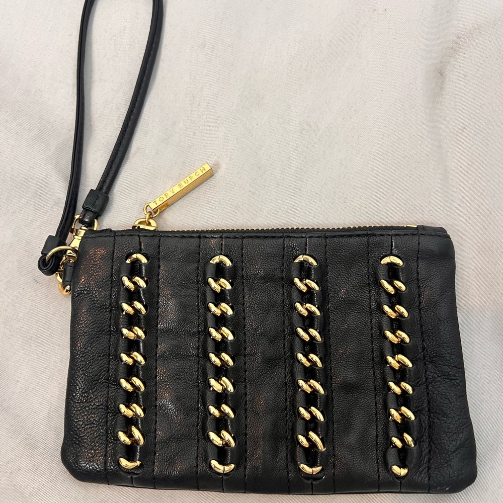 Tory Burch black leather wristlet gold chain detail bag purse